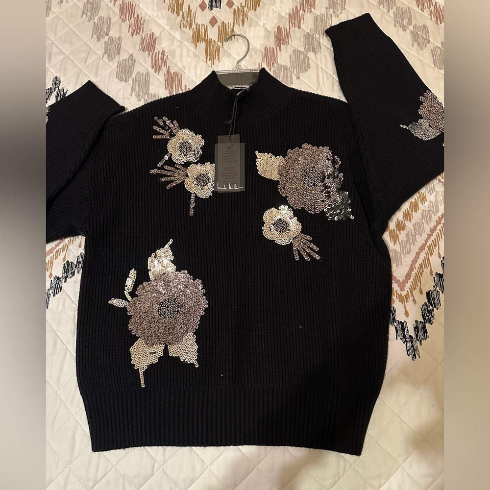 Nicole‎ Miller Black Sweater with Sequin Floral Accents. Size Medium. NWT.